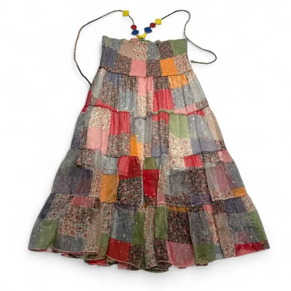 Patchwork Halter Neck midi dress floral and solid fabric panels in colors size M - Picture 6 of 6